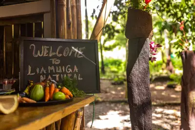 Liamuiga Natural Farms | A sign says 'Welcome to Liamuiga Natural Farms' behind a bowl of vegetables