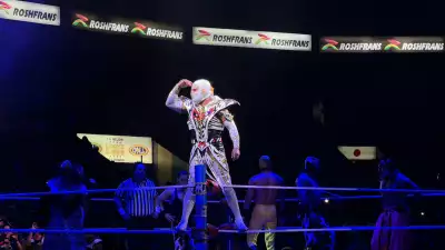 A lucha libre fighter poses while standing on the ropes at an arena in Mexico City