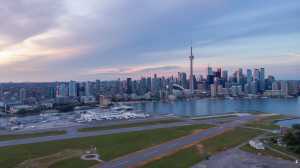 Billy Bishop Toronto City Airport in front of the Toronto skyline