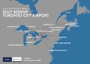A flight map of the routes from Billy Bishop Toronto City Airport