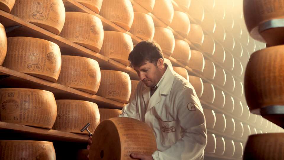 Wheels of Parmigiano Reggiano in Parma, Italy