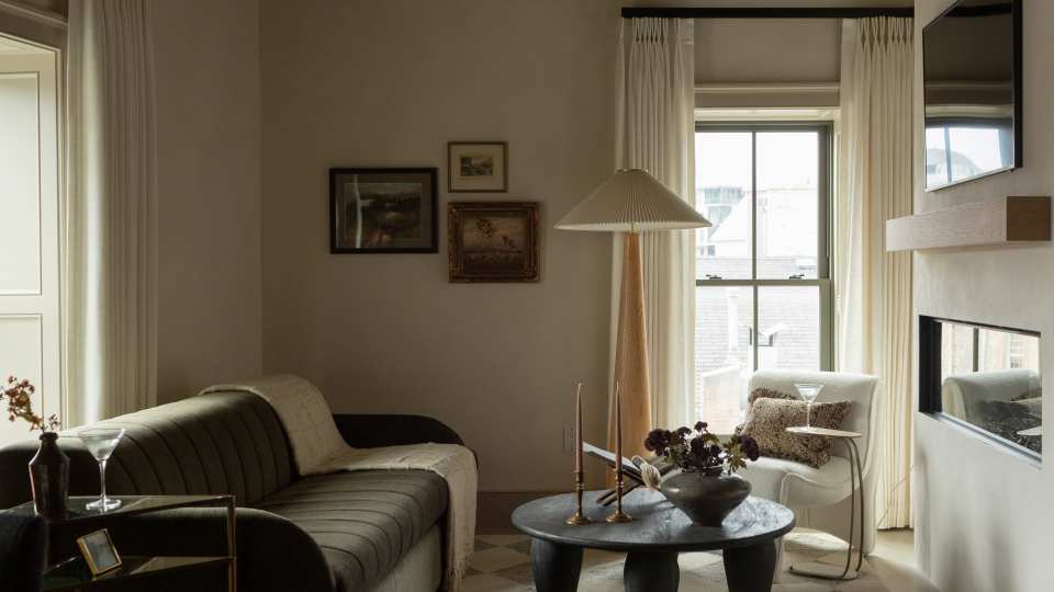 Living space in a room at The Kat Florence hotel, Elora