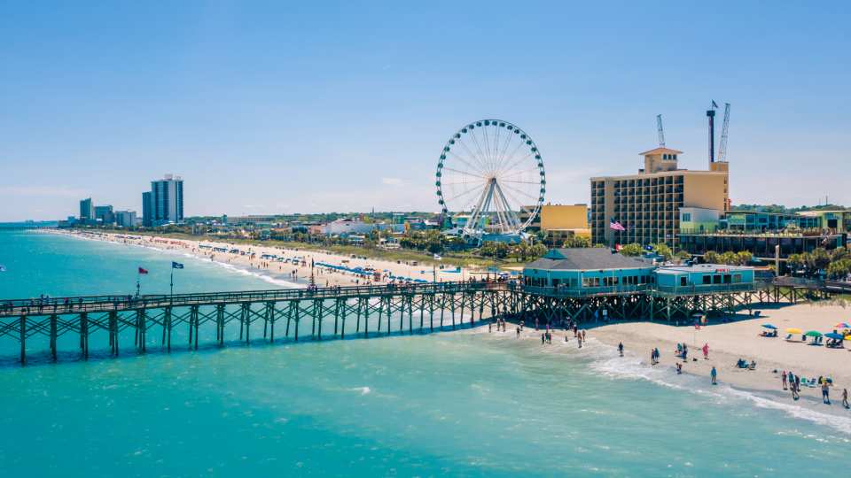 Myrtle Beach | A panoramic shot of the Second Avenue Pier, boardwalk and SkyWheel at Myrtle Beach