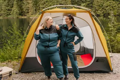 Friends camp in the Smash + Tess X MEC Fresh Air Fleece Jumpsuit