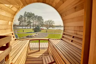 Inside the barrel sauna at Rawley Resort Marina & Spa, Port Severn