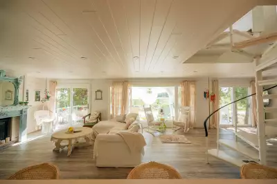 The living area inside Wish Lakehouse, waterfront Ontario cottage rental