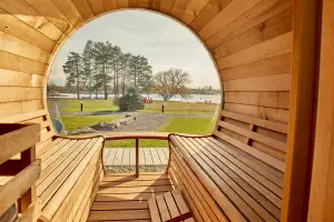 Inside the barrel sauna at Rawley Resort Marina & Spa, Port Severn