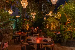 South Beach, Miami, Florida | Lush greenery surrounds a table inside B&acirc;oli