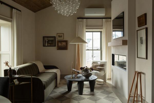 Living space in a room at The Kat Florence hotel, Elora