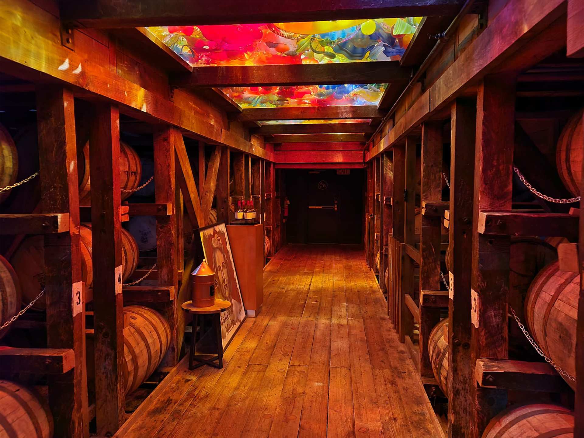Louisville Kentucky Bourbon | Dale Chihuly installation in the Maker’s Mark barrel warehouse