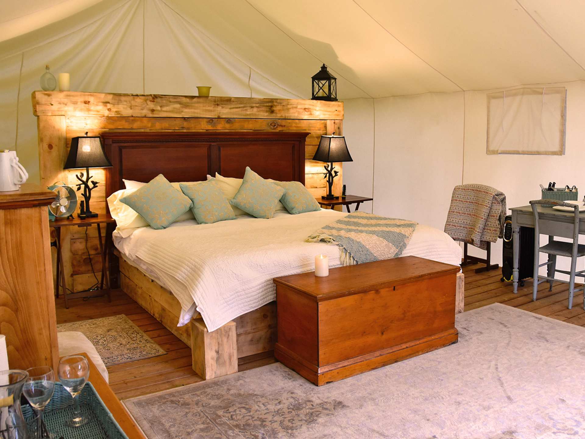 Ontario wellness retreats | The inside of a luxurious tent at Whispering Springs Ontario wellness retreat