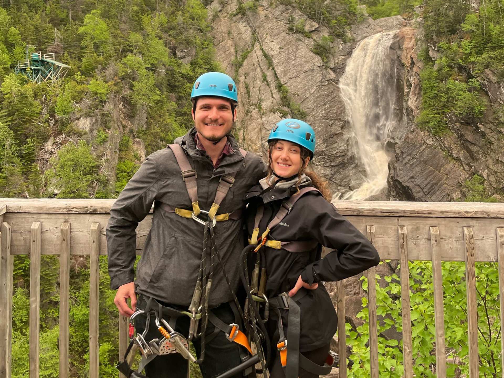 Newfoundland travel | A couple wearing ziplining gear in Newfoundland and Labrador