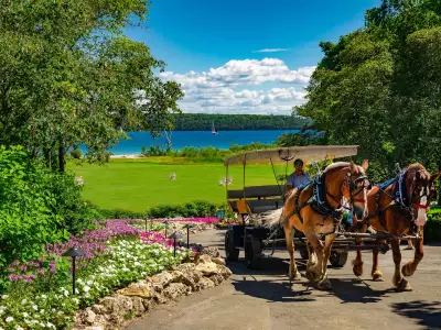 Mackinac Island | A horse and carriage with a driver on Mackinac Island