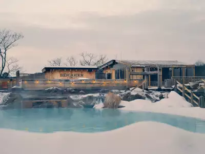 Quebec spas | The Biergarden and heated pool at Nordik Spa-Nature