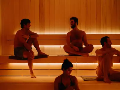 Alter cold plunge and sauna in Toronto | A group of people in the sauna at Alter