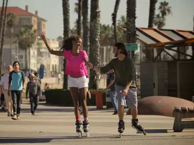 Two people roller blading near Santa Monica beach