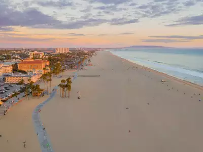 A bird's eye view of Santa Monica beach at sunset