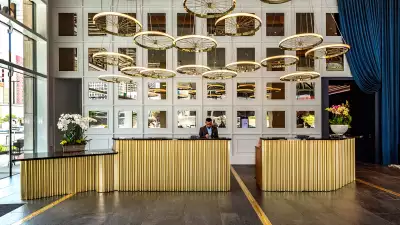 Inside the lobby at Hotel Indigo Los Angeles Downtown
