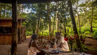 Liamuiga Natural Farms | A couple enjoys a meal at a wooden table at Liamuiga Natural Farms
