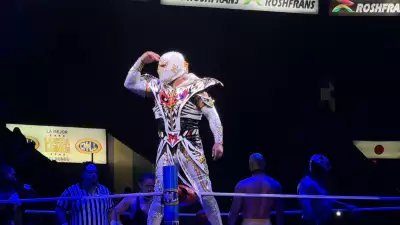 A lucha libre fighter poses while standing on the ropes at an arena in Mexico City