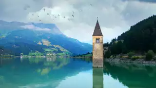 Lake Reschen Bell Tower in South Tyrol, Italy