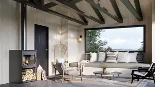 Ontario's coolest cabins to rent | A cozy fireplace inside a cabin at Wander resort in Prince Edward County, Ontario