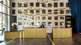Inside the lobby at Hotel Indigo Los Angeles Downtown