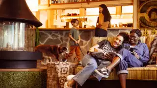 Hotel Zed Tofino | A couple relax in the sunken living room