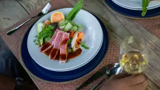 A plate of homegrown food at Liamuiga Farms, a coffee and citrus farm