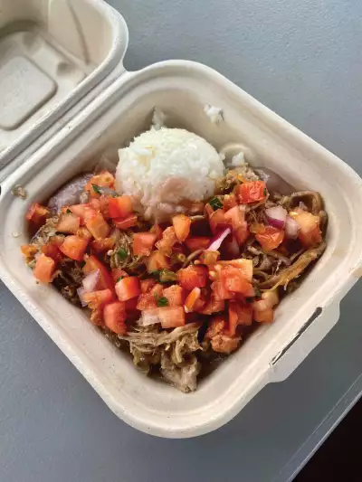 A plate lunch of kalua pork, lomi lomi salmon and poi from Hanalei Taro & Juice Co.