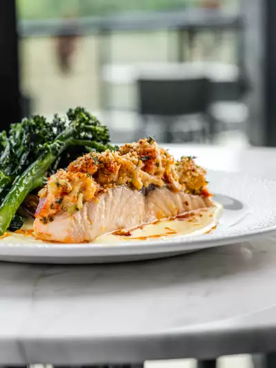 Megalomaniac Wines | Lobster Crusted Atlantic Salmon at Megalomaniac winery in Niagara