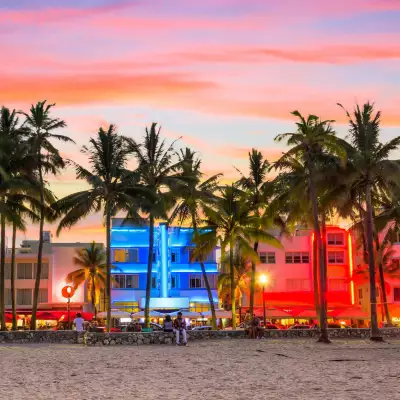 A beautiful hotel and sunset in South Beach, Miami
