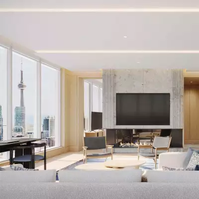 A suite at Nobu Toronto with the CN Tower in the background