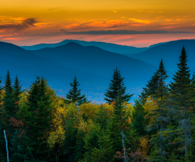New Hampshire restaurants and activities | The White Mountains looming in the distance behind the trees