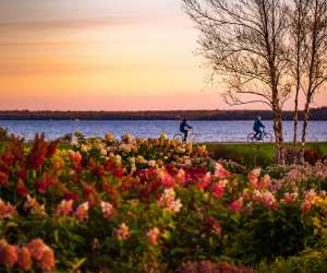 Mackinac Island | Two people cycling near sunset with flowers and the lake in the distance