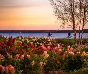 Mackinac Island | Two people cycling near sunset with flowers and the lake in the distance
