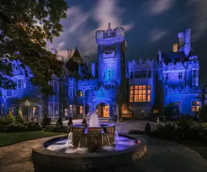 Casa Loma lit up with spooky lighting for Legends of Horror and Zombie Apocolypse