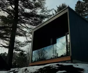 Outside of a cabin at Dimensions Algonquin Highlands
